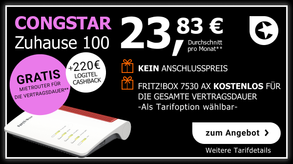 Congstar Zuhause 100 fr durchschnittlich 23,83 pro Monat, mit gratis Router fr die gesammte Vertragslaufzeit.