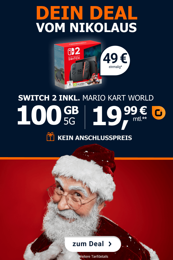 Nintendo Switch 2 inklusive Mario Kart World fr 49 Euro einmalig und einem 5G-Tarif mit 100 GB fr 19,99 Euro monatlich sowie Hinweis auf keinen Anschlusspreis