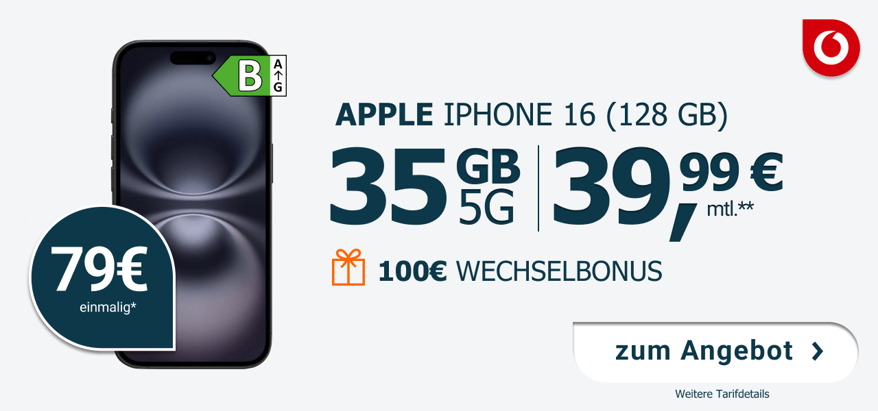 Apple Iphone 16 mit 128GB Speicher fr einmalig 79 Euro. 35 GB Datenvolumen fr 39,99 Euro im Monat.