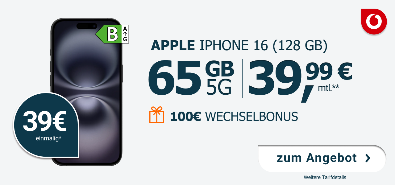 Mobilfunktarif im Vodafone-Netz mit 65 GB 5G f�r 39,99 Euro monatlich, einmalig 39 Euro. Inklusive Apple iPhone 16 mit 128 GB Speicher. Zus�tzlich 100 Euro Wechselbonus.