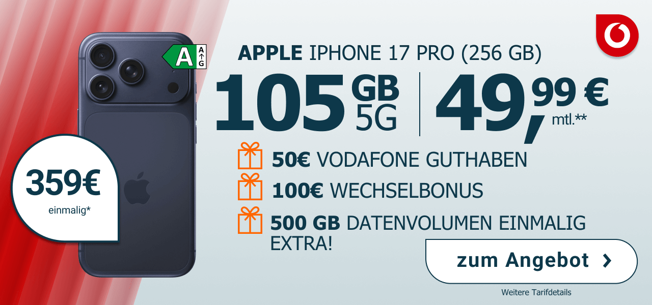 iPhone 17 Pro f�r einmalig 359� mit 105 GB Datenvolumen und 49,99� Monatlich.
