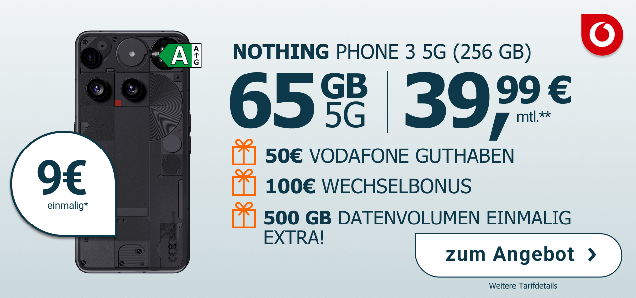 Nothing Phone 3a f�r einmalig 9� mit 65 GB Datenvolumen und 39,99� Monatlich.