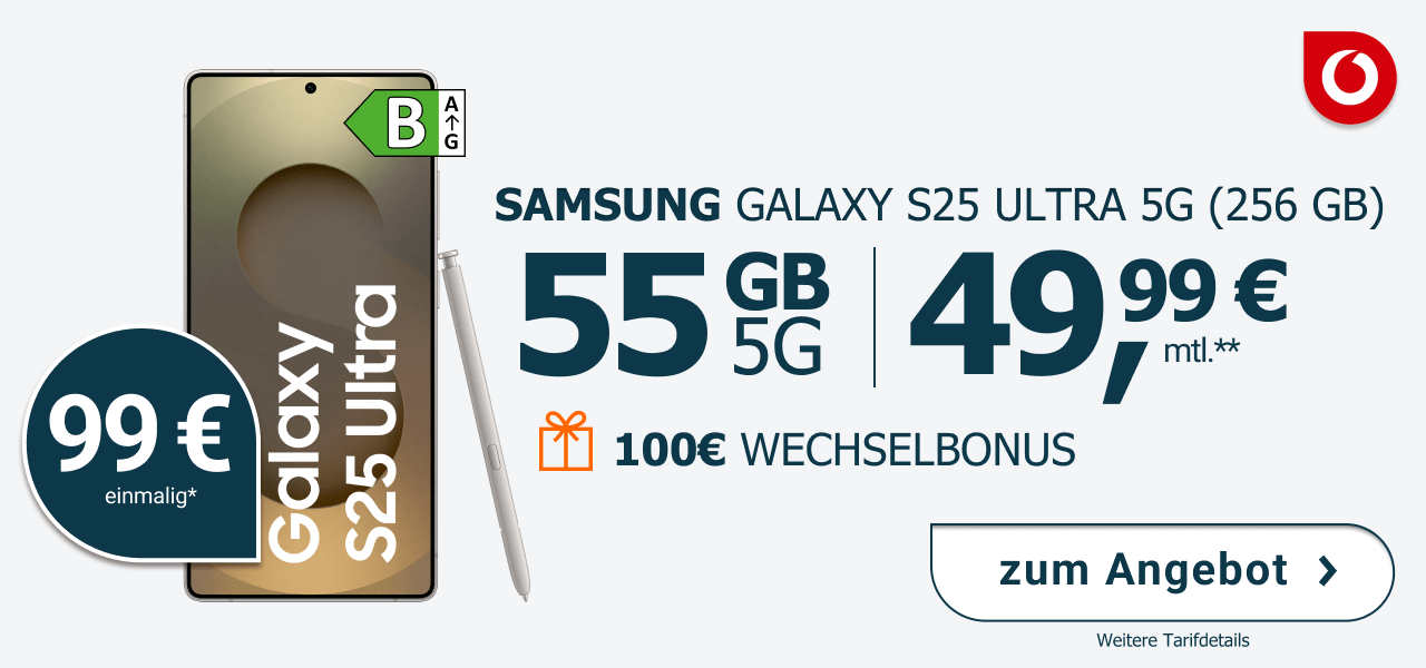 Samsung Galaxy S25 Ultra mit 256 GB Speicher fr einmalig 99 Euro. 55 GB Datenvolumen fr 49,99 Euro Monatlich.
