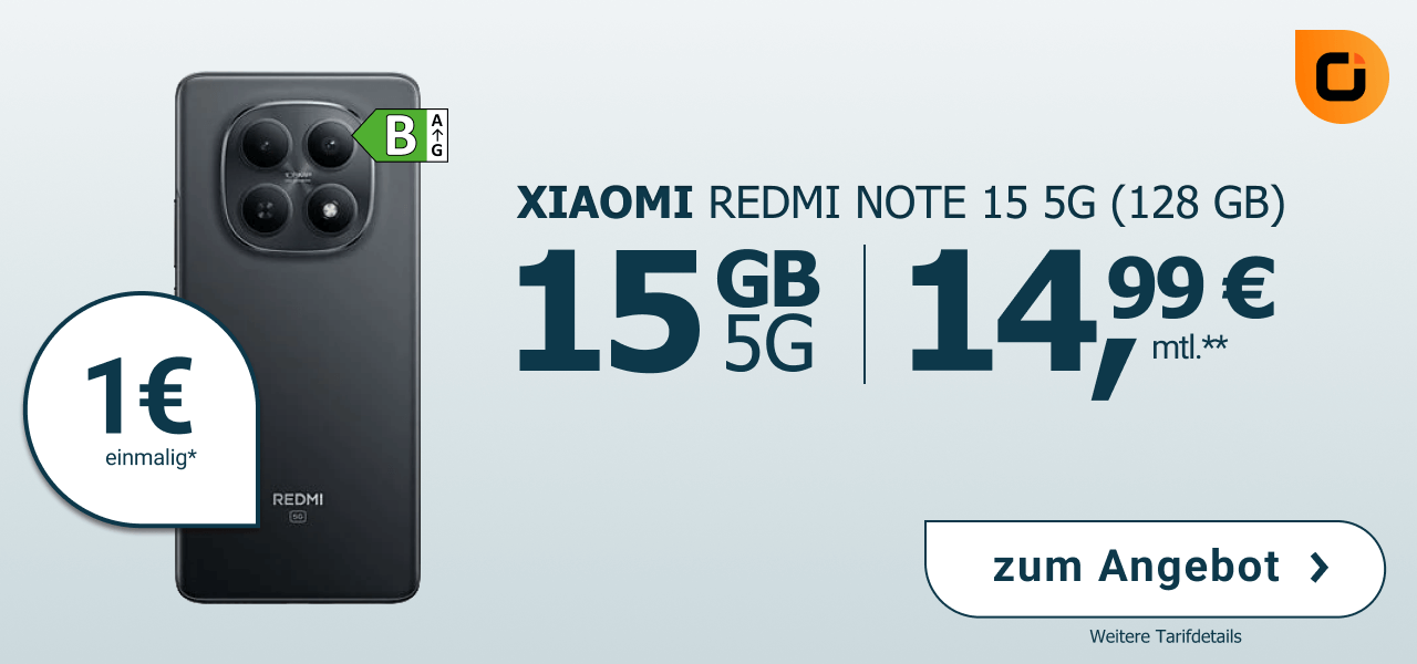 Redmi Note 15 f�r einmalig 1� mit 15 GB Datenvolumen und 14,99� Monatlich.