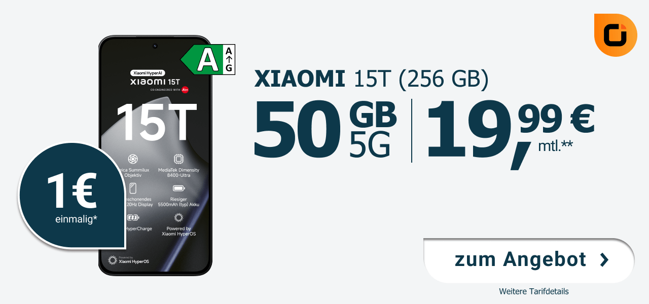 Mobilfunktarif der otelo mit 50 GB 5G f�r 19,99 Euro monatlich, einmaliger Preis 1 Euro. Inklusive Smartphone Xiaomi 15T mit 256 GB Speicher.