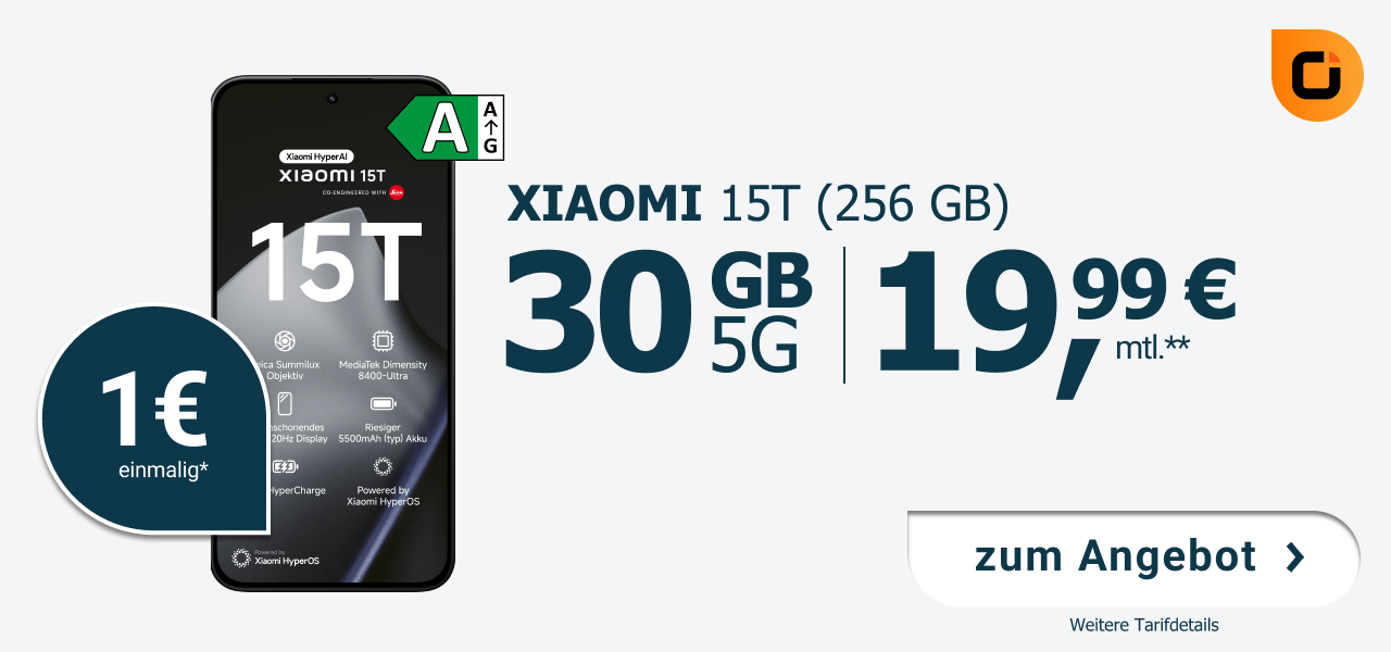 Angebot mit dem neuen Xiaomi 15T fr einmalig 1 Euro und 30 Gigabyte bei der Otelo fr nur 19,99 Euro monatlich!
