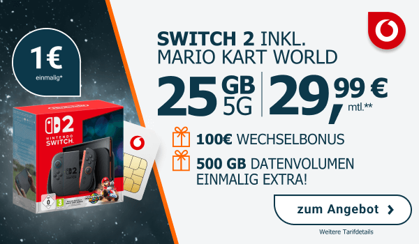 Mobilfunktarif im Vodafone-Netz mit 25 GB 5G f�r 29,99 Euro monatlich, einmaliger Preis 1 Euro. Inklusive Nintendo Switch 2 mit Mario Kart World. Zus�tzlich 100 Euro Wechselbonus sowie einmalig 500 GB extra Datenvolumen.
