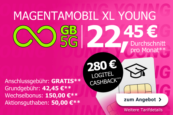 Telekom MagentaMobil XL Young mit unbegrenzt Datenvolumen, f�r durchschnittlich 22,45 Euro im Monat.