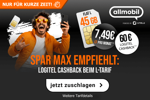 Spar Max empfiehlt: allmobil Flat L mit 45 GB f�r durchschnittlich 7,49 Euro im Monat und 60 Euro LogiTel Cashback.   