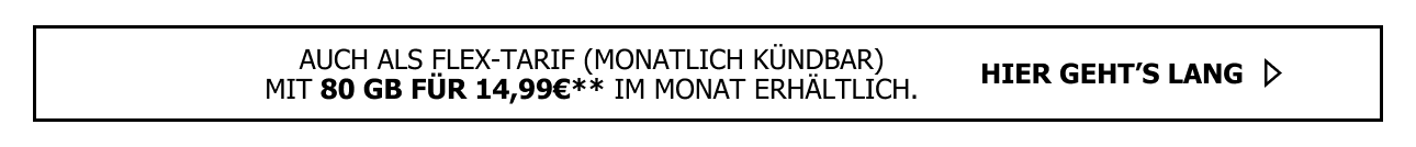Sichere Dir den allmobil Allnet Flat Max 80 Tarif in der Flex-Variante. Monatlich k�ndbare 80 Gigabyte f�r nur 14,99�