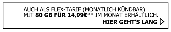 Sichere Dir den allmobil Allnet Flat Max 80 Tarif in der Flex-Variante. Monatlich k�ndbare 80 Gigabyte f�r nur 14,99�