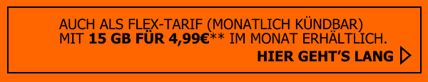 Sichere Dir den allmobil  Allnet Flat Start 15 in der Flex-Variante. Monatlich k�ndbare 15 Gigabyte f�r nur 4,99.