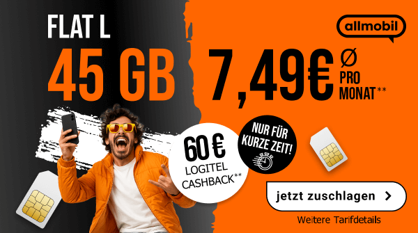 allmobil Flat L mit 45 GB f�r durchschnittlich 7,49 Euro im Monat und 60 Euro LogiTel Cashback. 
