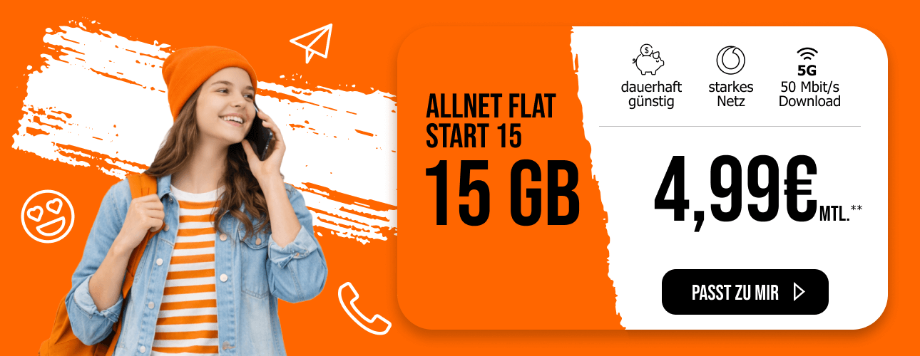 allmobil Allnet Flat Start 15 mit 15 GB Datenvolumen f�r 4,99� im Monat.