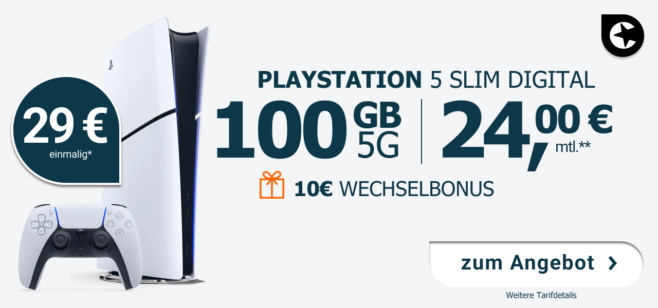 PlayStation 5 Slim Digital mit 100 GB 5G Tarif f�r 24,00 Euro monatlich, einmalig 29 Euro, inklusive 10 Euro Wechselbonus.