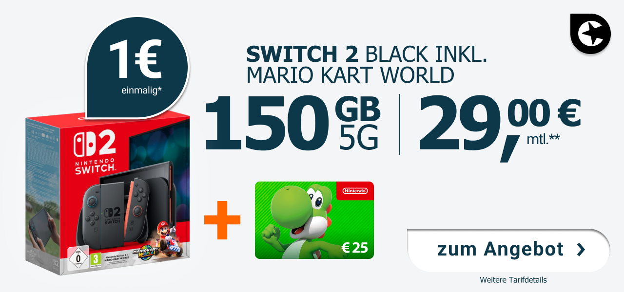 Nintendo Switch 2 Black inklusive Mario Kart World mit 150 GB 5G Tarif f�r 29,00 Euro monatlich, einmalig 1 Euro, plus Nintendo 25 Euro eShop Gutschein.