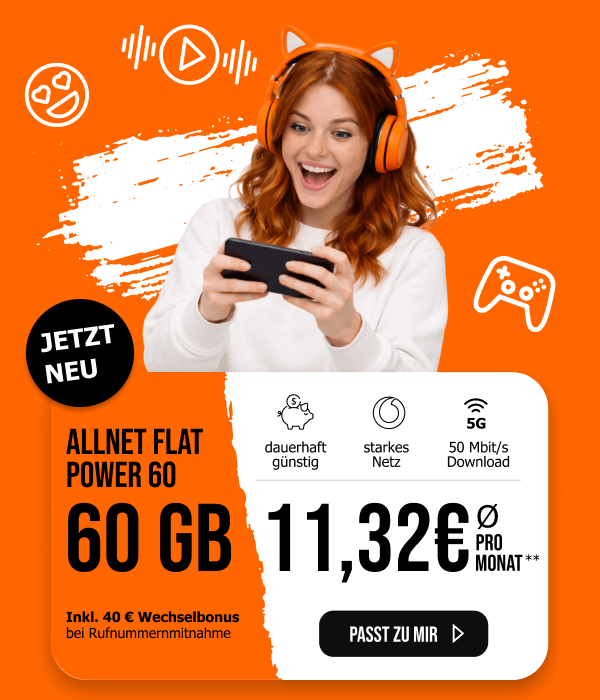 allmobil Allnet Flat Power 60 mit 60 GB f�r 11,32 Euro durchschnittlich im Monat.
