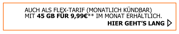 Sichere Dir den Allmobil Allnet Flat Pro 45 Tarif in der Flex-Variante. Monatlich k�ndbare 45 Gigabyte f�r nur 9,99�