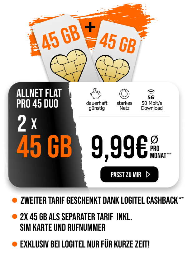 Allnet Flat Pro 45 Duo mit 2 � 45 GB 5G f�r durchschnittlich 9,99 Euro pro Monat, zweiter Tarif durch LogiTel Cashback effektiv kostenfrei.