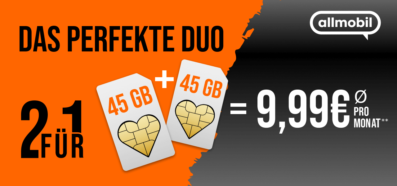 Allnet Flat Pro 45 Duo mit 2 � 45 GB 5G f�r 9,99 Euro pro Monat, zweiter Tarif durch LogiTel Cashback effektiv kostenfrei.
