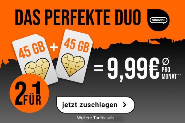 Allnet Flat Pro 45 Duo mit 2 � 45 GB 5G f�r 9,99 Euro pro Monat, zweiter Tarif durch LogiTel Cashback effektiv kostenfrei.