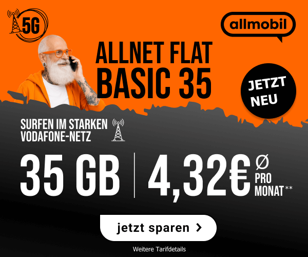Allnet Flat Basic 35 - 35 Gigabyte Datenvolumen f�r effektiv 4,32Euro (Durchschnitt pro Monat)