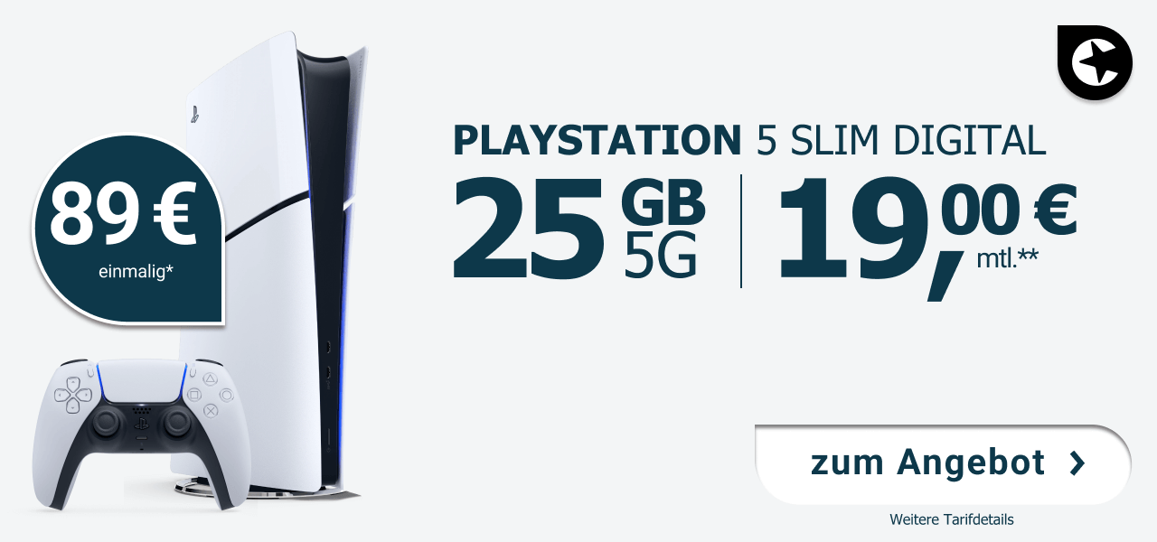 PlayStation 5 Slim Digital mit 25 GB 5G Tarif f�r 19,00 Euro monatlich, einmalig 1 Euro, inklusive 10 Euro Wechselbonus.