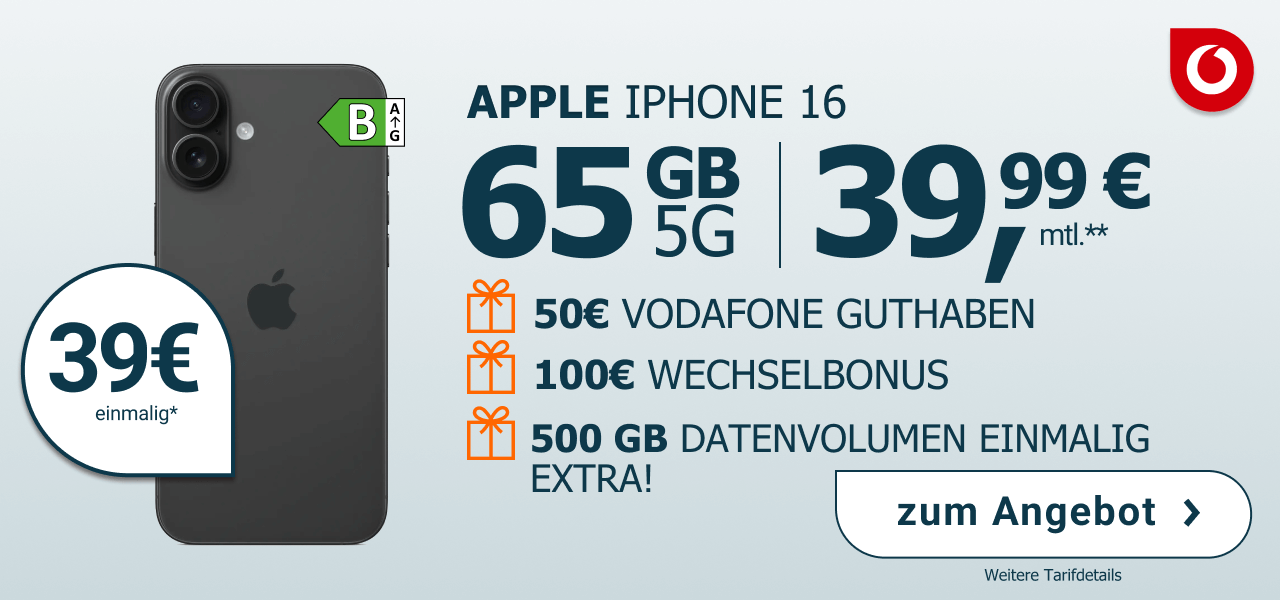 Mobilfunktarif im Vodafone-Netz mit 65 GB 5G f�r 39,99 Euro monatlich, einmalig 39 Euro. Inklusive Apple iPhone 16 mit 128 GB Speicher. Zus�tzlich 100 Euro Wechselbonus und einmalig 500 GB Datenvolumen extra! +50 Euro Vodafone Guthaben.