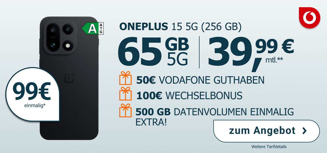 OnePlus 15 f�r einmalig 99� mit 65 GB Datenvolumen und 39,99� Monatlich.  