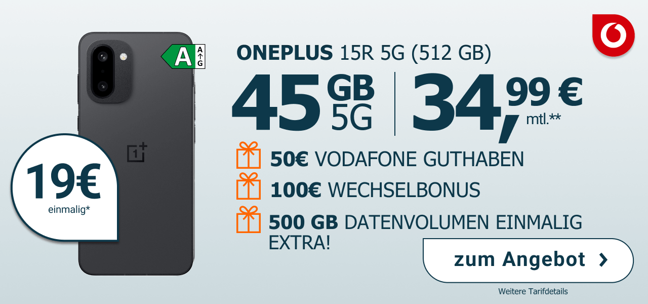 OnePlus 15R f�r einmalig 19� mit 45 GB Datenvolumen und 34,99� Monatlich.