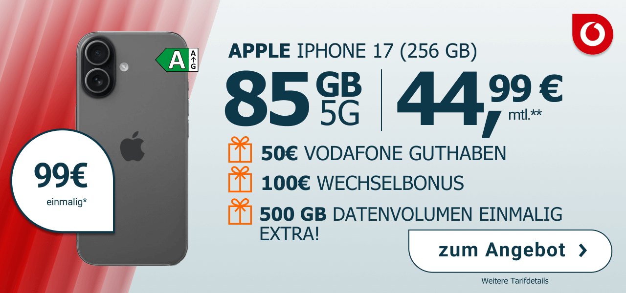 iPhone 17 f�r einmalig 99� mit 85 GB Datenvolumen und 44,99� Monatlich.
