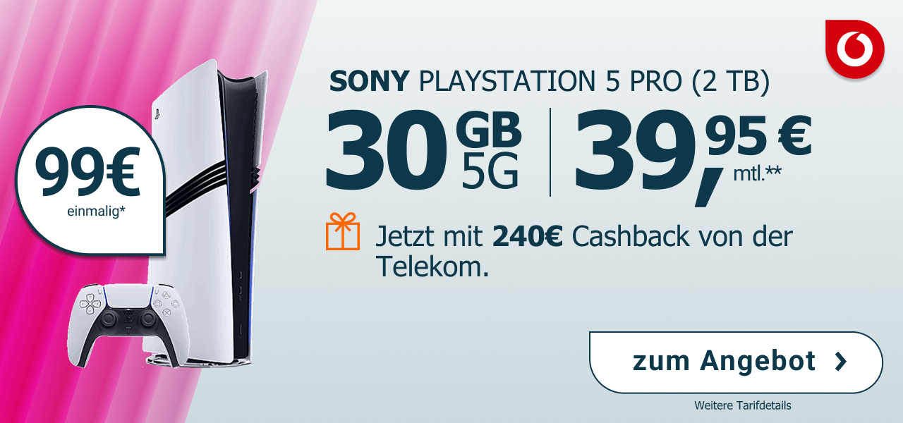 PlayStation 5 Pro f�r einmalig 99�, 30 GB Datenvolumen f�r 39,95� Monatlich. Dazu gibt es 240� Cashback von der Telekom.