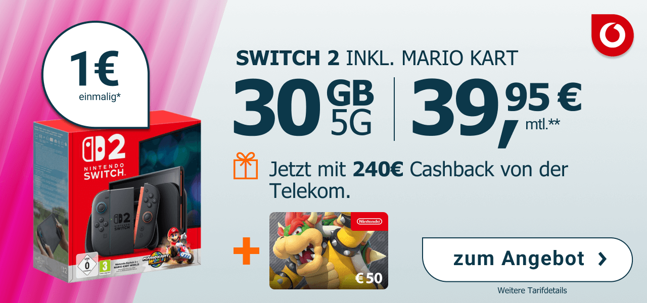 Switch 2 Black inkl. Mario Kart World f�r einmalig 1�, 30 GB Datenvolumen f�r 39,95� Monatlich. Dazu gibt es 240� Cashback von der Telekom.