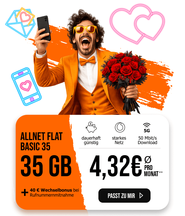 allmobil Allnet Flat Basic 35 mit 35 Gigabyte f�r nur 4,32� durchschnittlich im Monat, mit 40 Euro Wechselbonus.