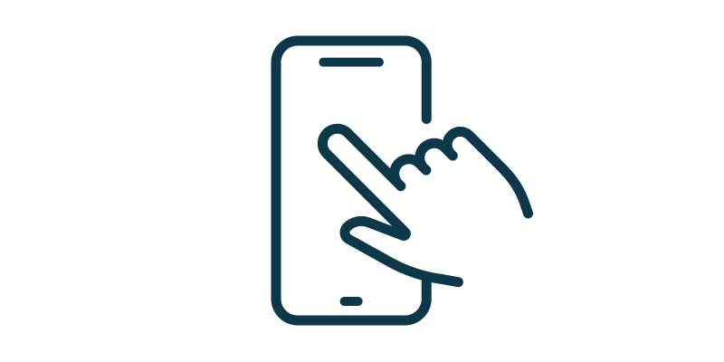 Eine minimalistische Strichzeichnung einer Hand, die mit dem Zeigefinger auf das Display eines Smartphones tippt.