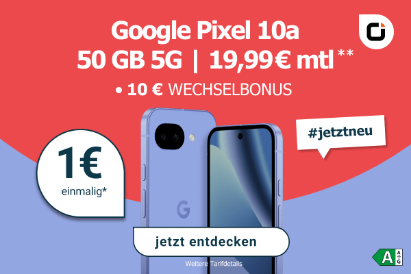  Google Pixel 10a f�r 1 � einmalig mit 50 GB 5G-Datenvolumen f�r 19,99 � monatlich inklusive 10 � Wechselbonus.  