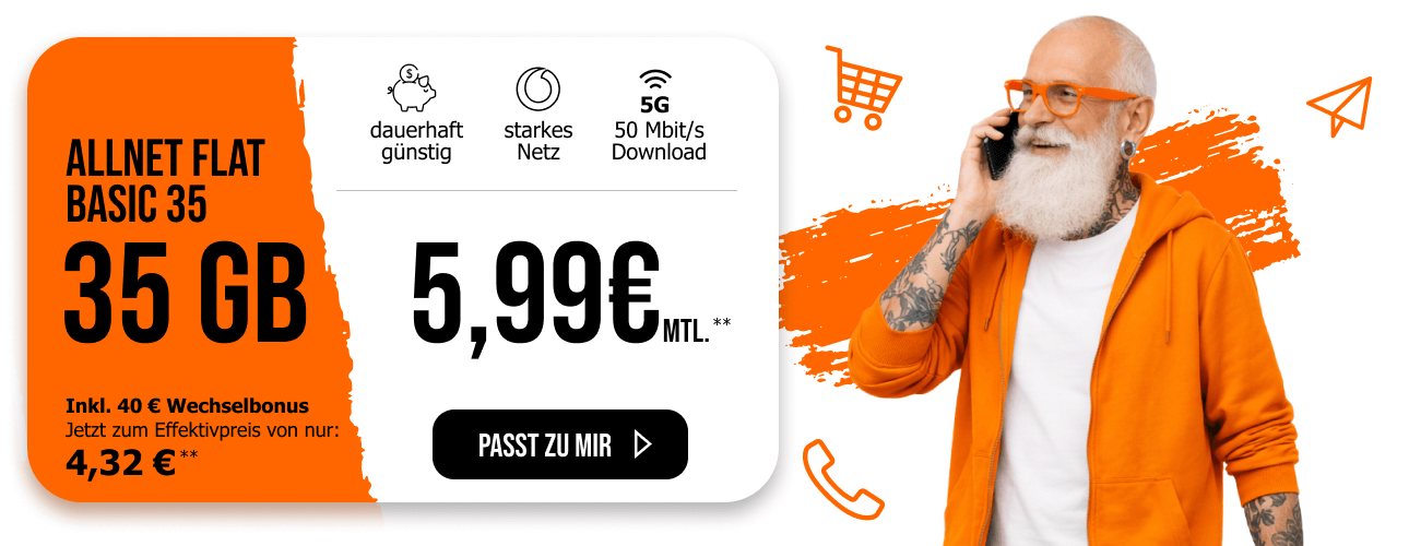 allmobil Allnet Flat Basic 35 mit 35 Gigabyte f�r nur 5,99� im Monat, mit 40 Euro Wechselbonus.