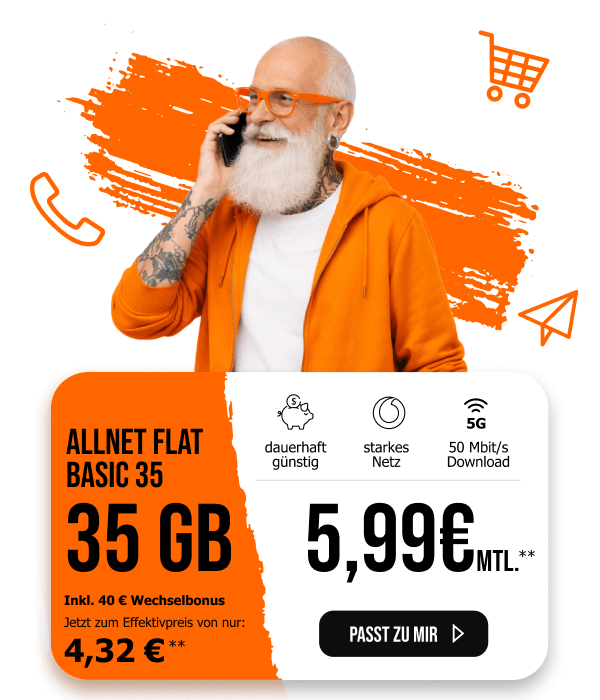 allmobil Allnet Flat Basic 35 mit 35 Gigabyte f�r nur 5,99� im Monat, mit 40 Euro Wechselbonus.