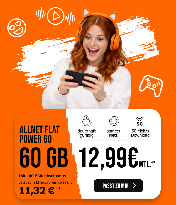 allmobil Allnet Flat Power 60 mit 60 GB f�r 12,99 Euro im Monat.