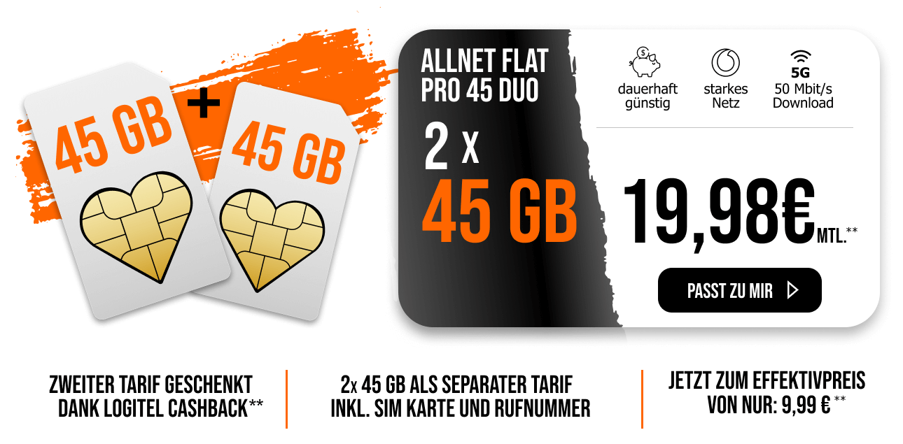 Allnet Flat Pro 45 Duo mit 2 � 45 GB 5G f�r 19,98 Euro pro Monat, zweiter Tarif durch LogiTel Cashback effektiv kostenfrei.