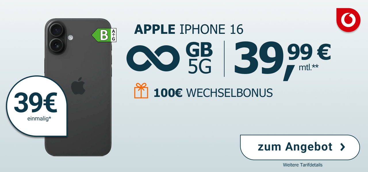 Mobilfunktarif im Vodafone-Netz mit Unlimited GB 5G f�r 39,99 Euro monatlich, einmalig 39 Euro. Inklusive Apple iPhone 16 mit 128 GB Speicher. Zus�tzlich 100 Euro Wechselbonus!