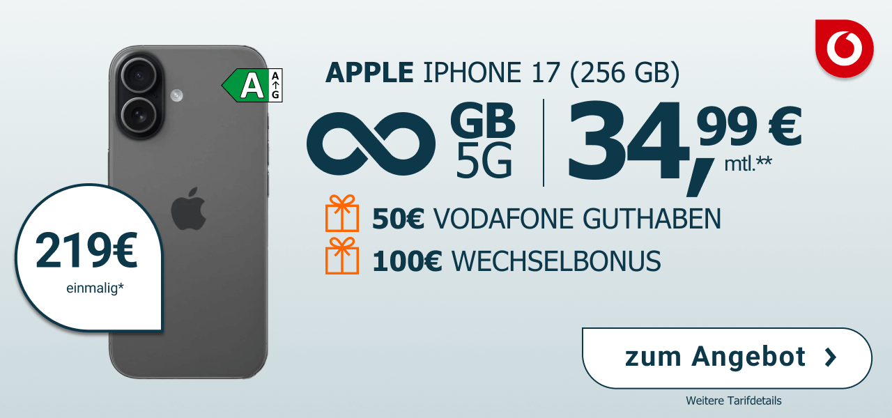 Apple iPhone 17 einmalig 229 �, mit Unlimited GB Datenvolumen f�r 34,99 � monatlich. Dazu exklusive 50 � Vodafone Guthaben, 100 � Wechselbonus und 500 GB extra Datenvolumen!