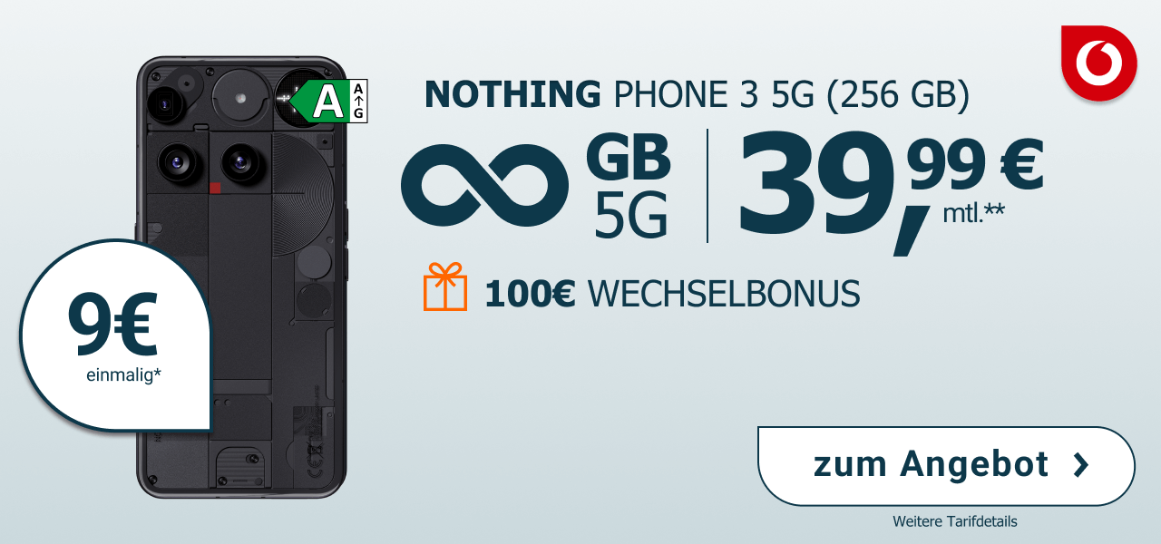 Nothing Phone 3a f�r einmalig 9� mit Unlimited GB Datenvolumen und 39,99� Monatlich.