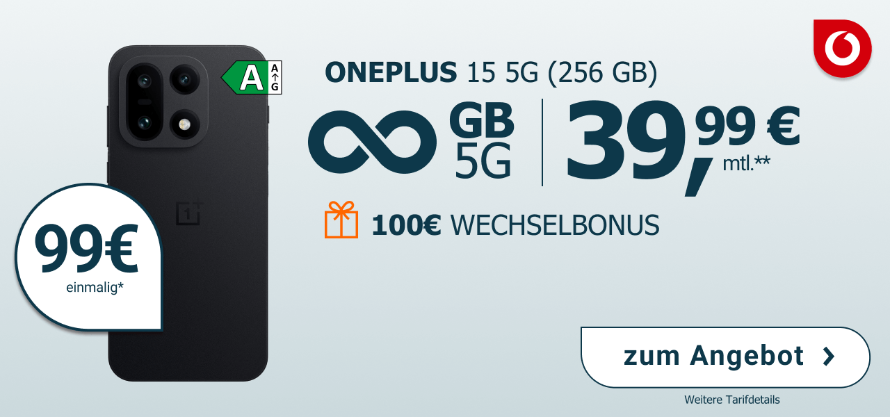 OnePlus 15 f�r einmalig 99� mit Unlimited GB Datenvolumen und 39,99� Monatlich.  