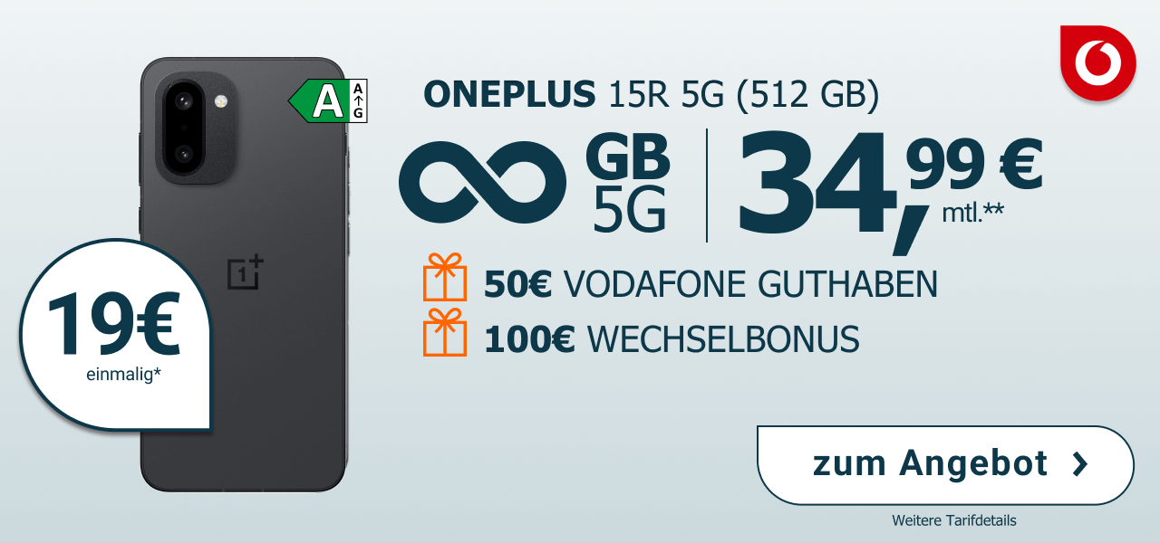 OnePlus 15R f�r einmalig 19� mit Unlimited GB Datenvolumen und 34,99� Monatlich.