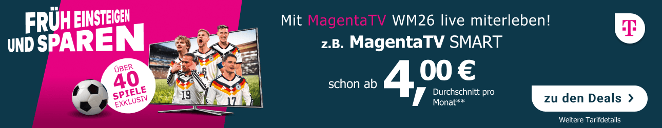 Alle Spiele der Fu�ball-Weltmeisterschaft sehen und kein Tor verpassen � mit MagentaTV Smart schon f�r durchschnittlich 4,21 � im Monat, inklusive 25 � LogiTel Cashback!  