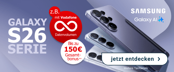 Jetzt neu: Galaxy S26 Serie - z. B. mit unbegrenztem Datenvolumen und +150 � Gesamtbonus.  