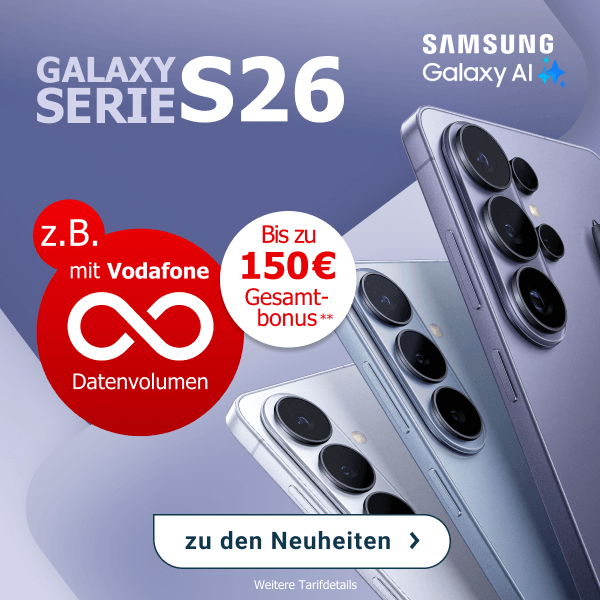 Jetzt neu: Galaxy S26 Serie - z. B. mit unbegrenztem Datenvolumen und +150 � Gesamtbonus.