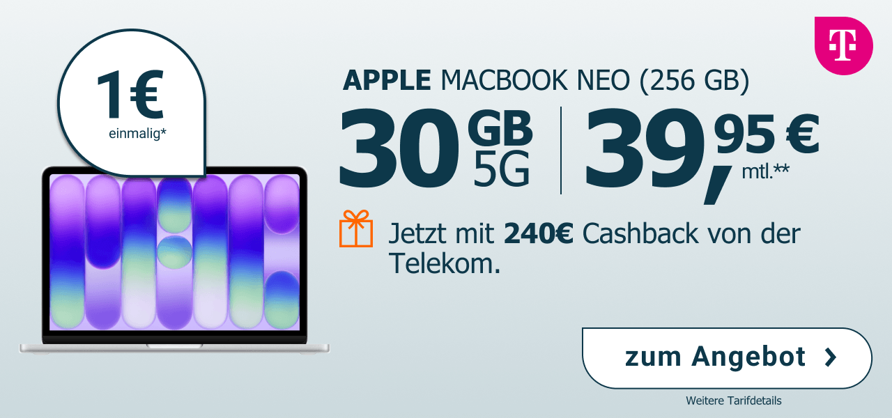 30 GB f�r 39,95� Monatlich mit einer Apple MacBook Neo f�r nur 1� einmalig.