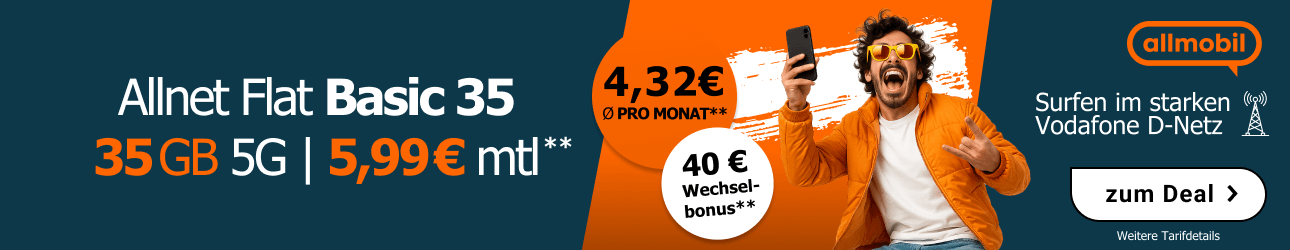 Allnet Flat Basic 35 GB - f�r 5,99 Euro im Monat (Eff. 4,32 pro Monat).